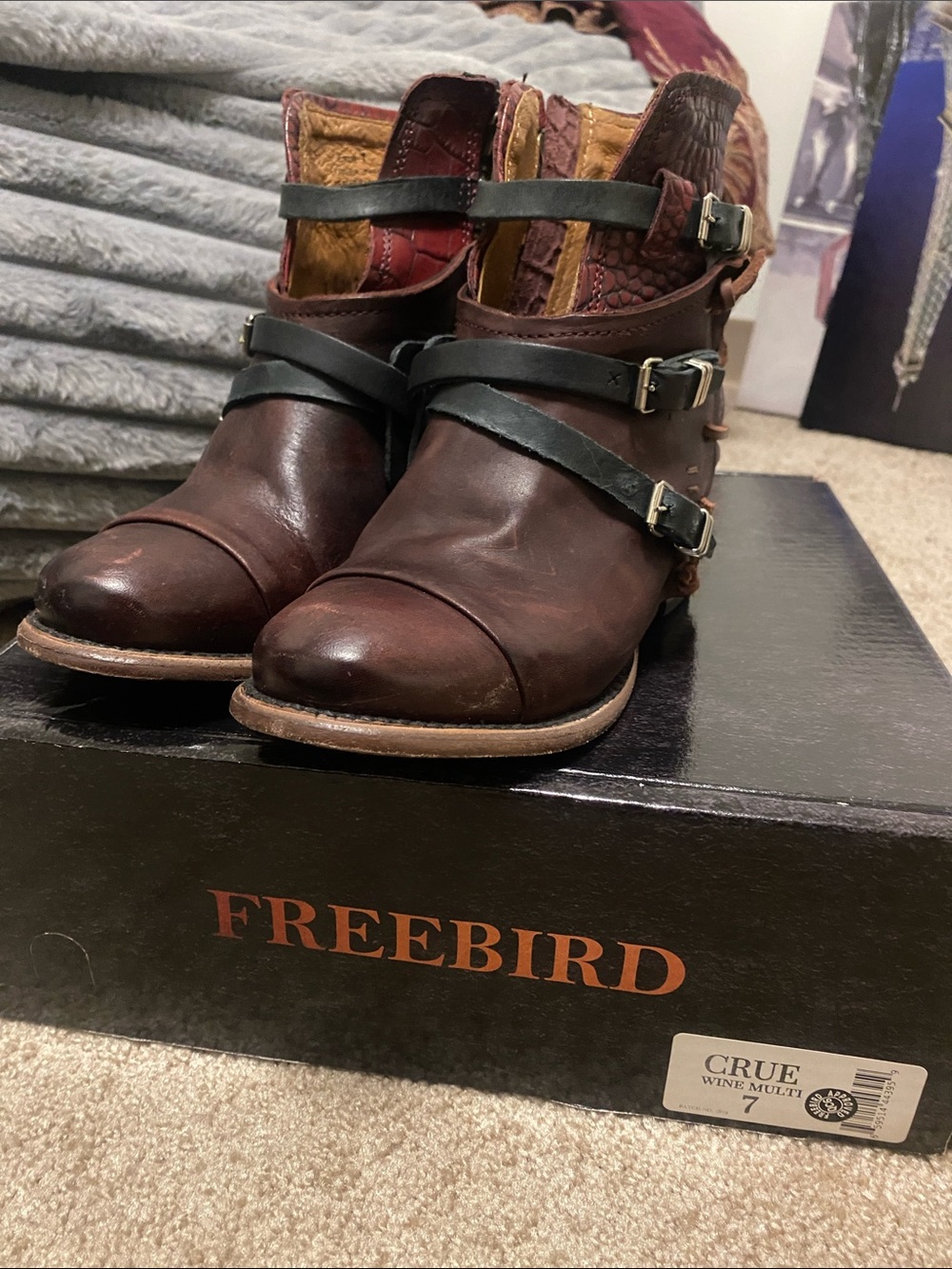 freebird brown leather ankle boots with black straps
